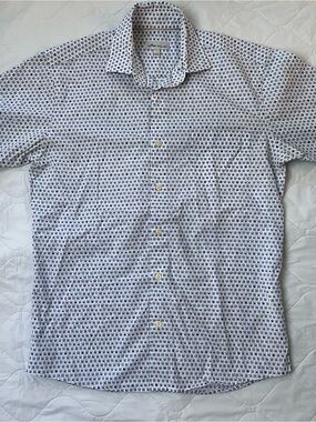 Peter Millar White Short-Sleeve Button-Down with Navy Microprint